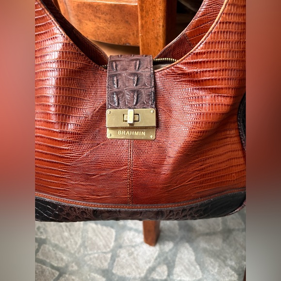 Brahmin Maggie Two Tone Brown Croc-Embossed Leather Hobo With Brass Hardware - Picture 3 of 17